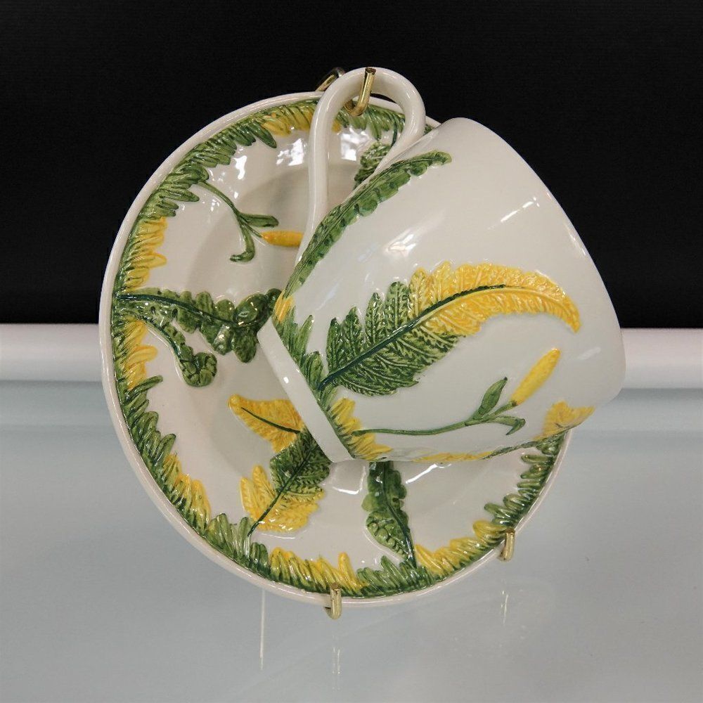 Vintage Italian Cup And Saucer Set Green Garden Ferns And Flower Bud Cottagecore
